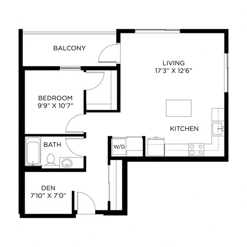 Floor plan for 1 bed, 1 bath, 817 sqft